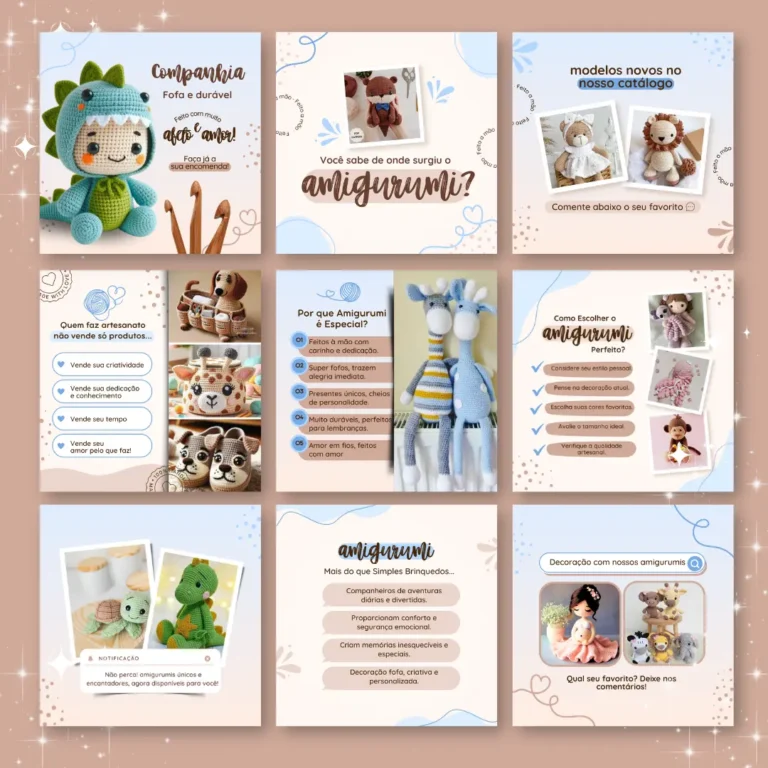 Pack Canva posts artesanato com amigurumi para Instagram 1